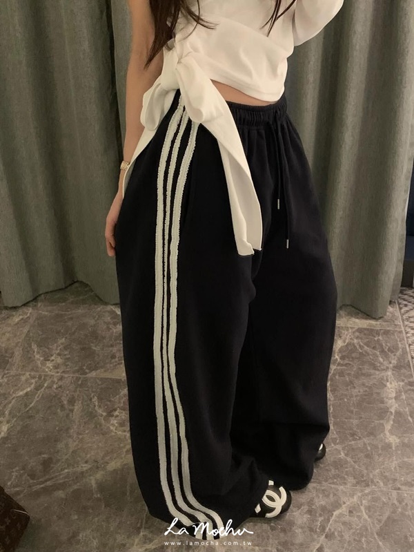 蕾絲條紋毛巾布棉褲